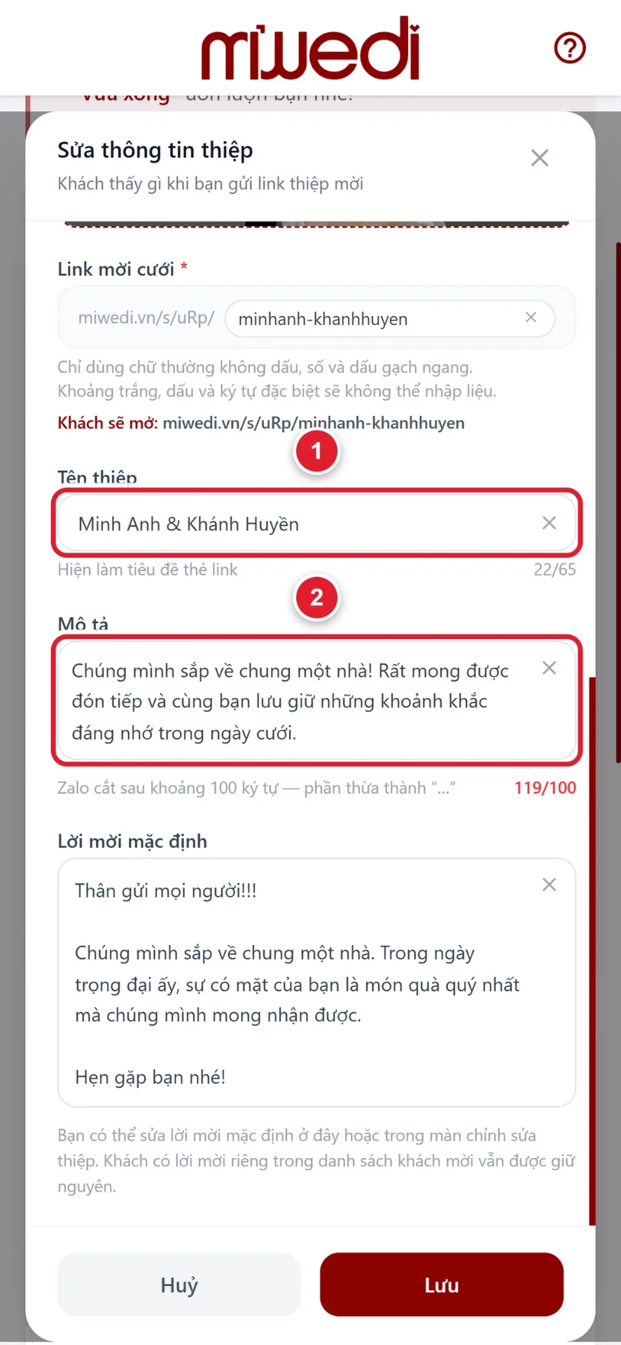 Bước 4: đặt tên thiệp và mô tả hiện trên thẻ link khi chia sẻ
