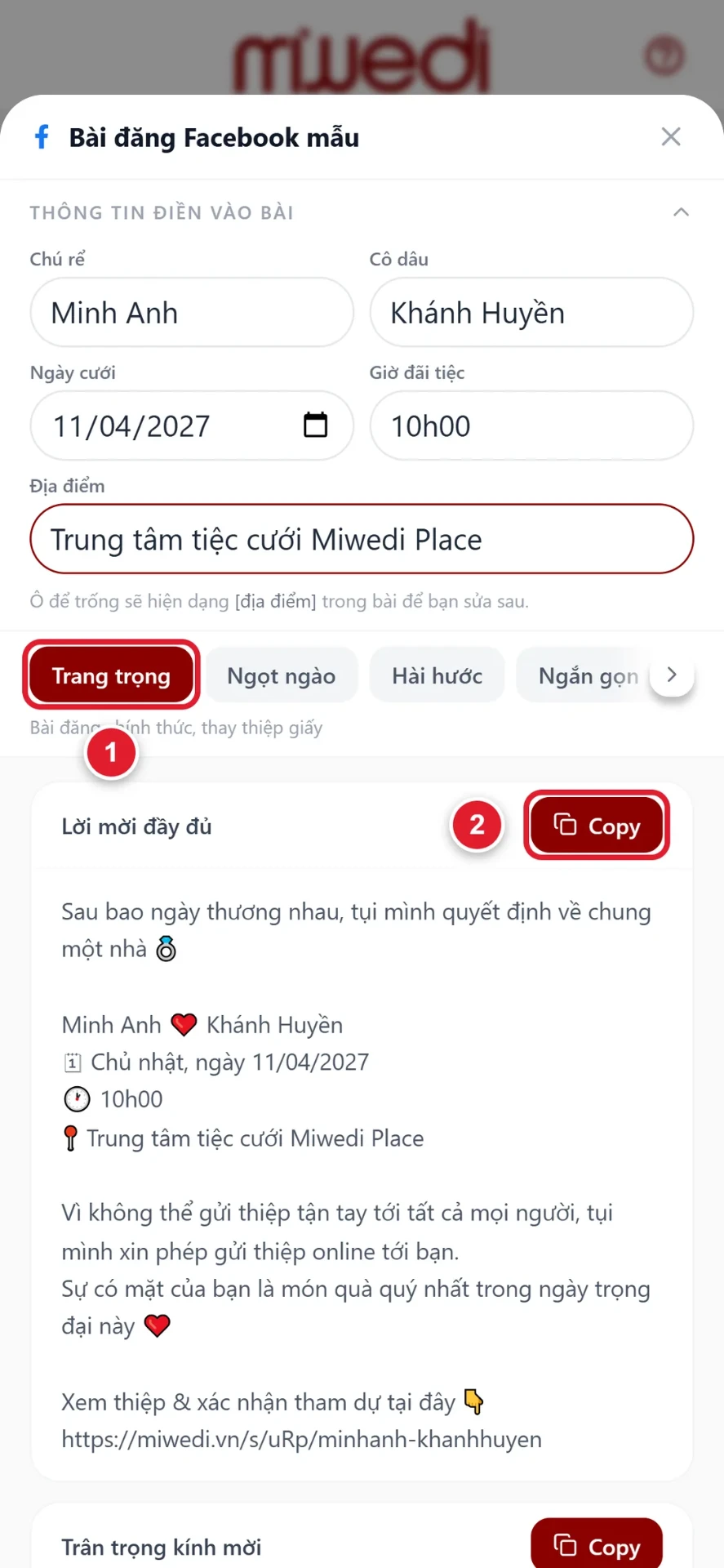 Bước 5: điền thông tin đám cưới và chọn bài đăng Facebook mẫu cho thiệp cưới online