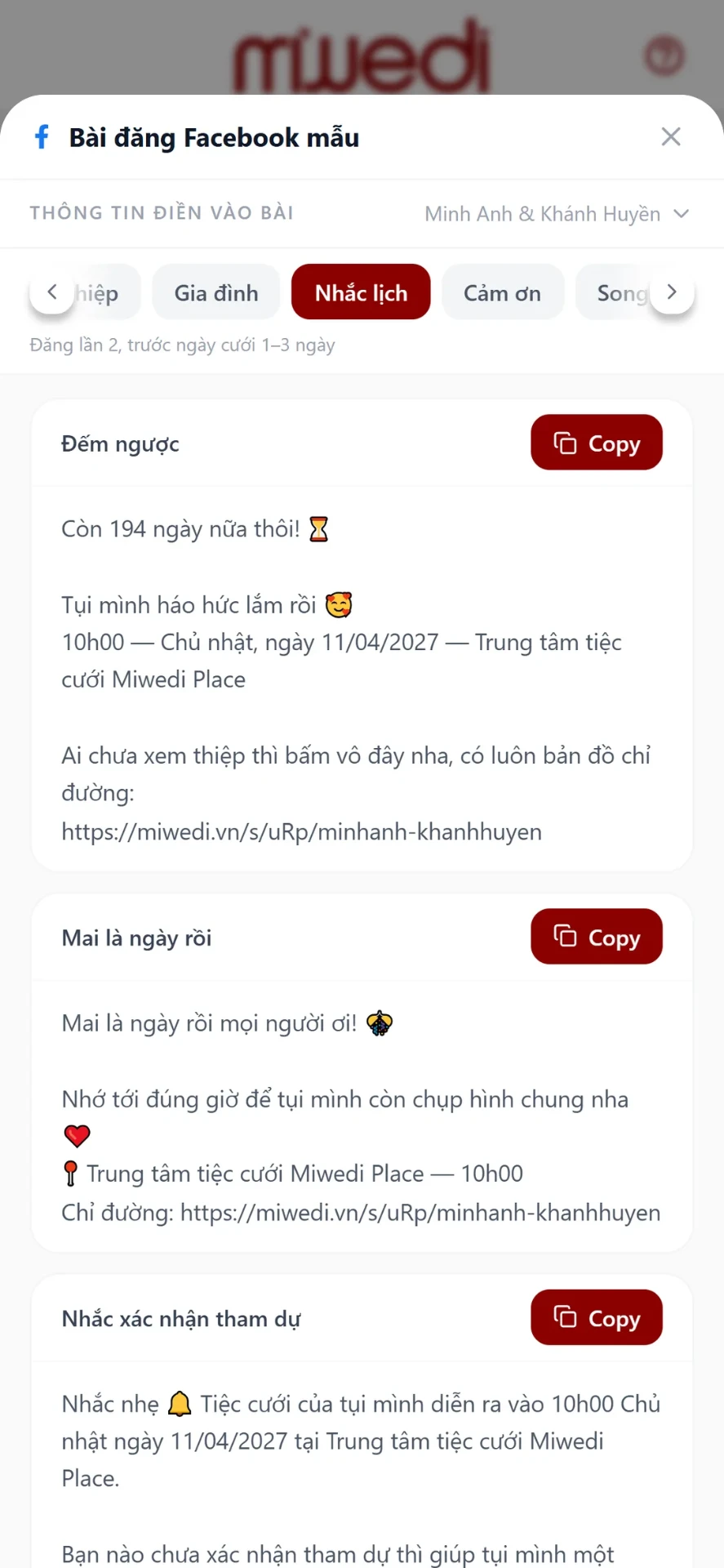 Bước 7: bài đăng nhắc lịch đếm ngược ngày cưới trên Facebook