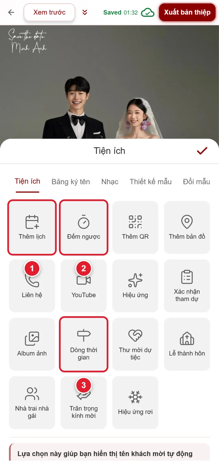 Tab Tiện ích trong trình chỉnh sửa thiệp cưới online: Thêm lịch, Đếm ngược, Dòng thời gian
