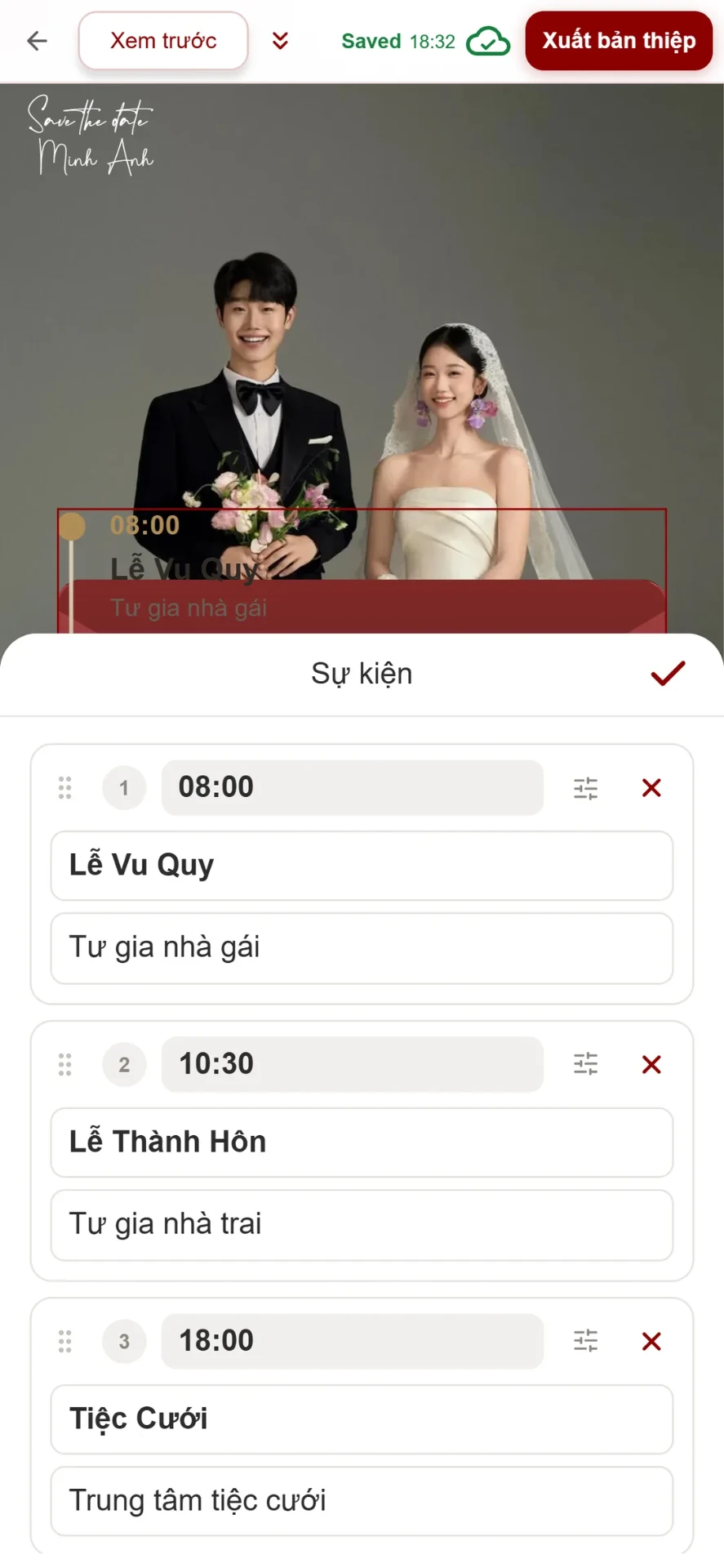Bước 1: sửa giờ, tên và địa điểm từng mốc trong lịch trình ngày cưới