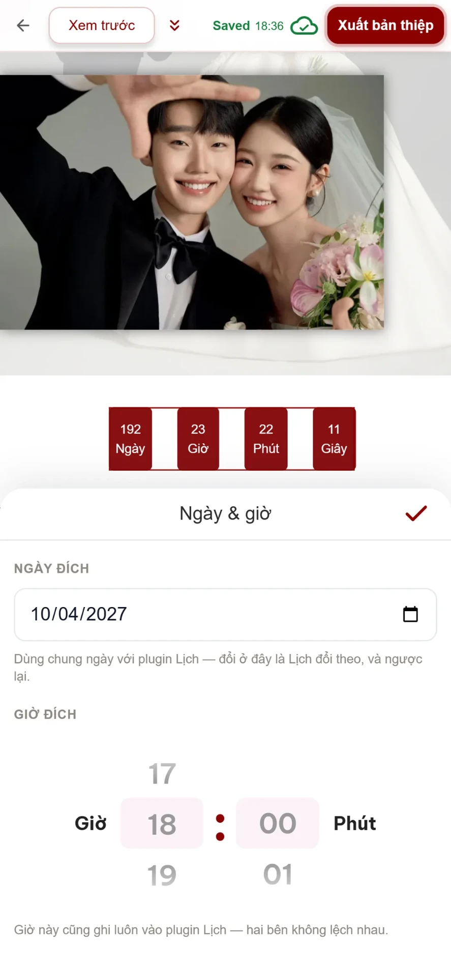 Bước 2: đặt ngày đích và giờ đích cho đồng hồ đếm ngược ngày cưới