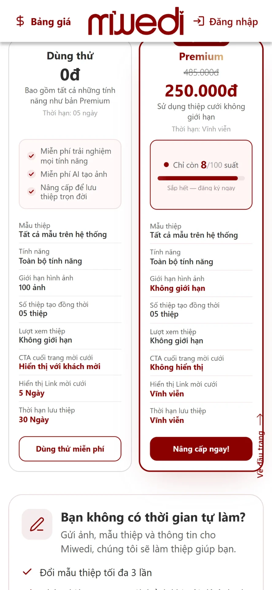 So sánh gói Dùng thử miễn phí và Premium của thiệp cưới online Miwedi