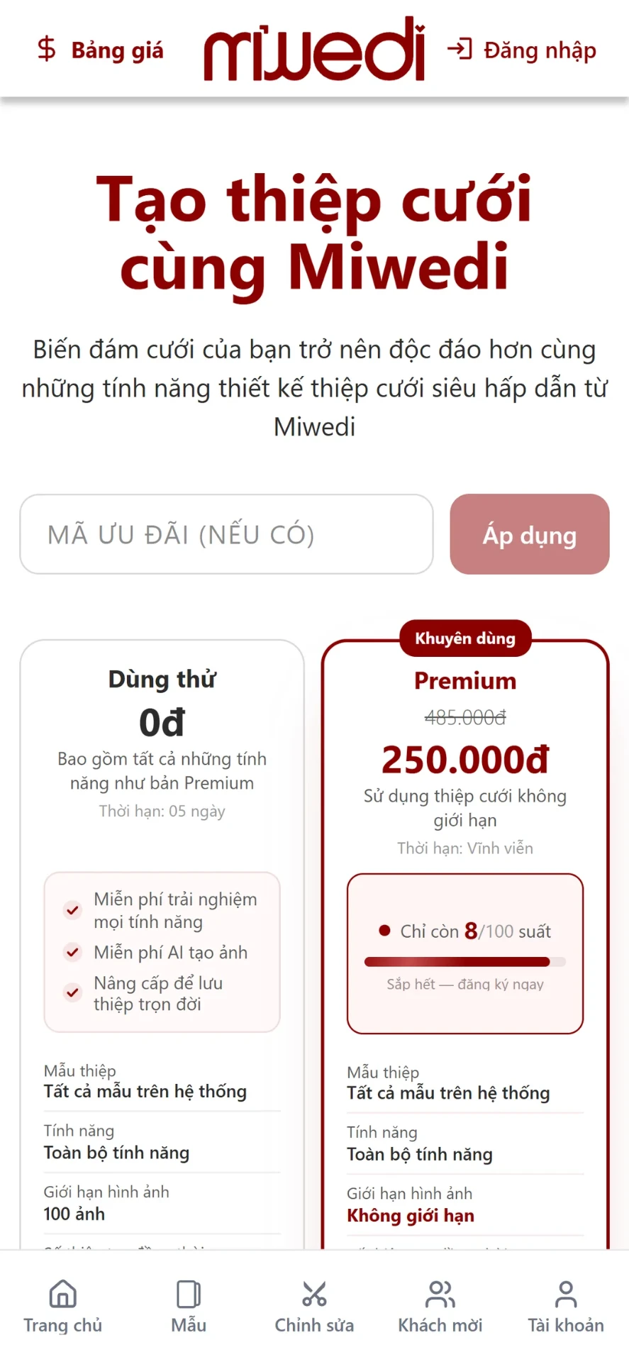 Bước 1: trang bảng giá thiệp cưới online với ô nhập mã ưu đãi
