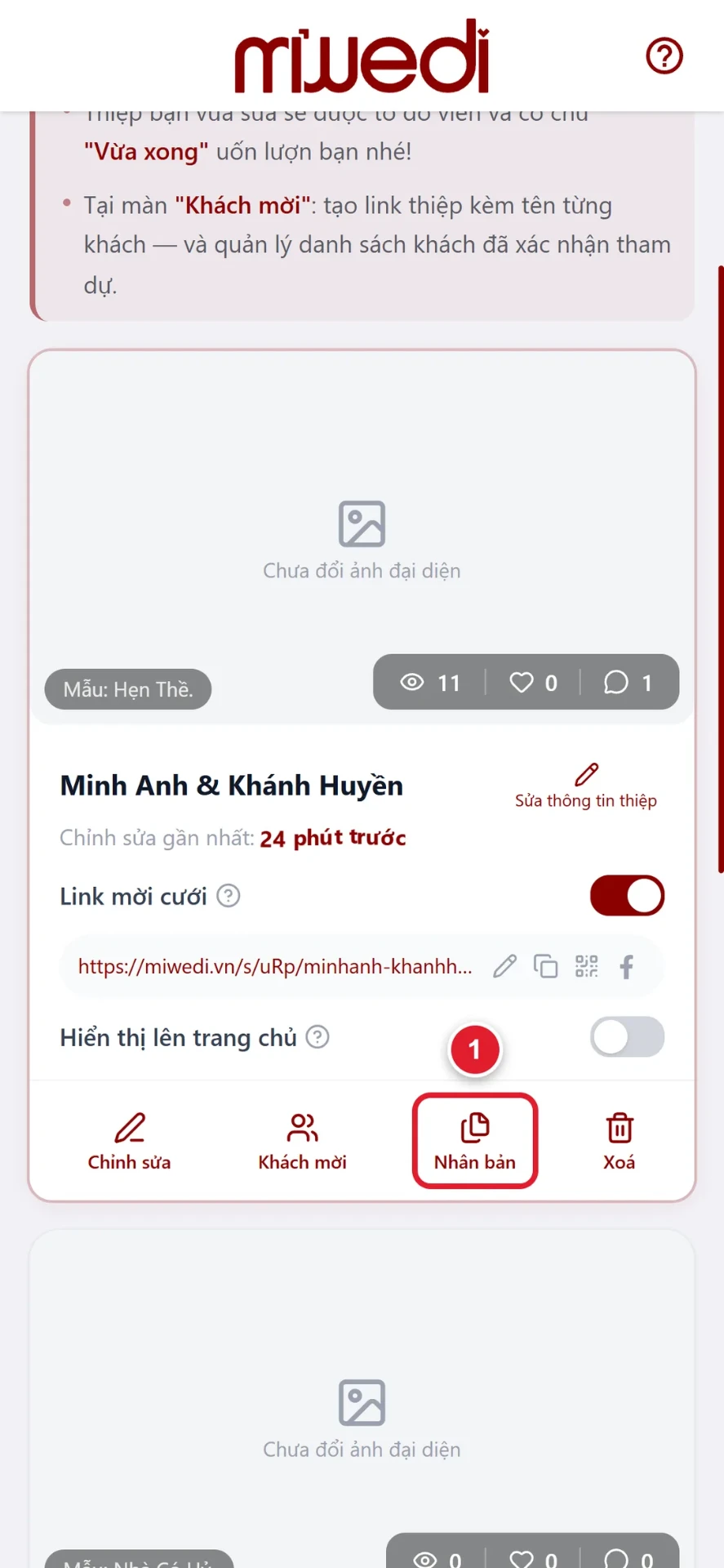 Bước 1: bấm Nhân bản để tạo bản sao thiệp cưới online