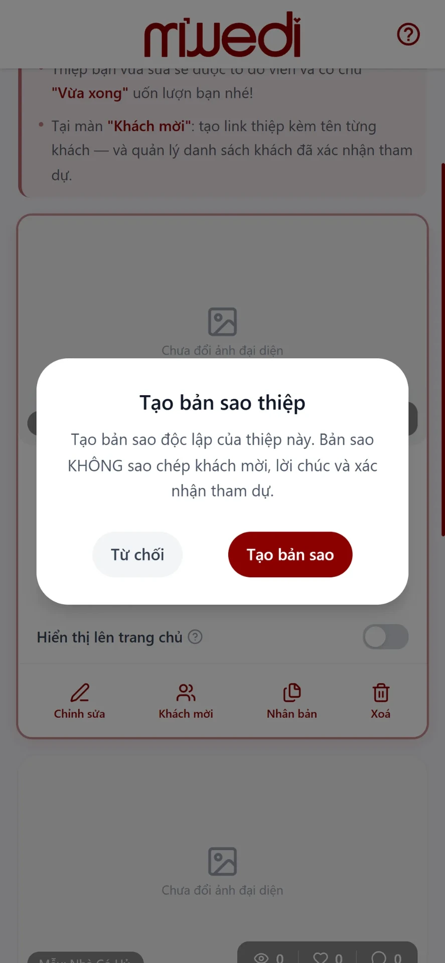 Bước 2: xác nhận tạo bản sao thiệp, không sao chép khách mời và lời chúc
