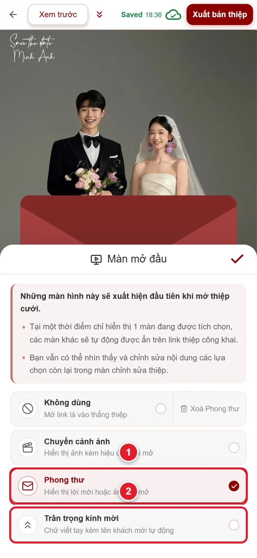 Bước 2: chọn màn mở đầu Phong thư hoặc Trân trọng kính mời cho thiệp cưới online