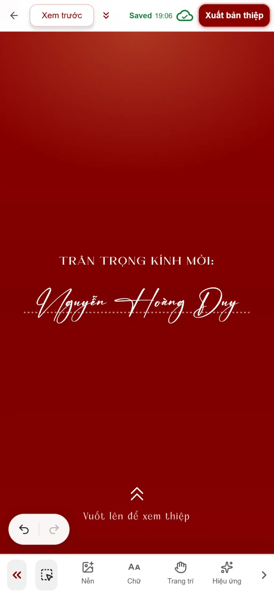Bước 3: chỉnh màn Trân trọng kính mời trong trình sửa thiệp