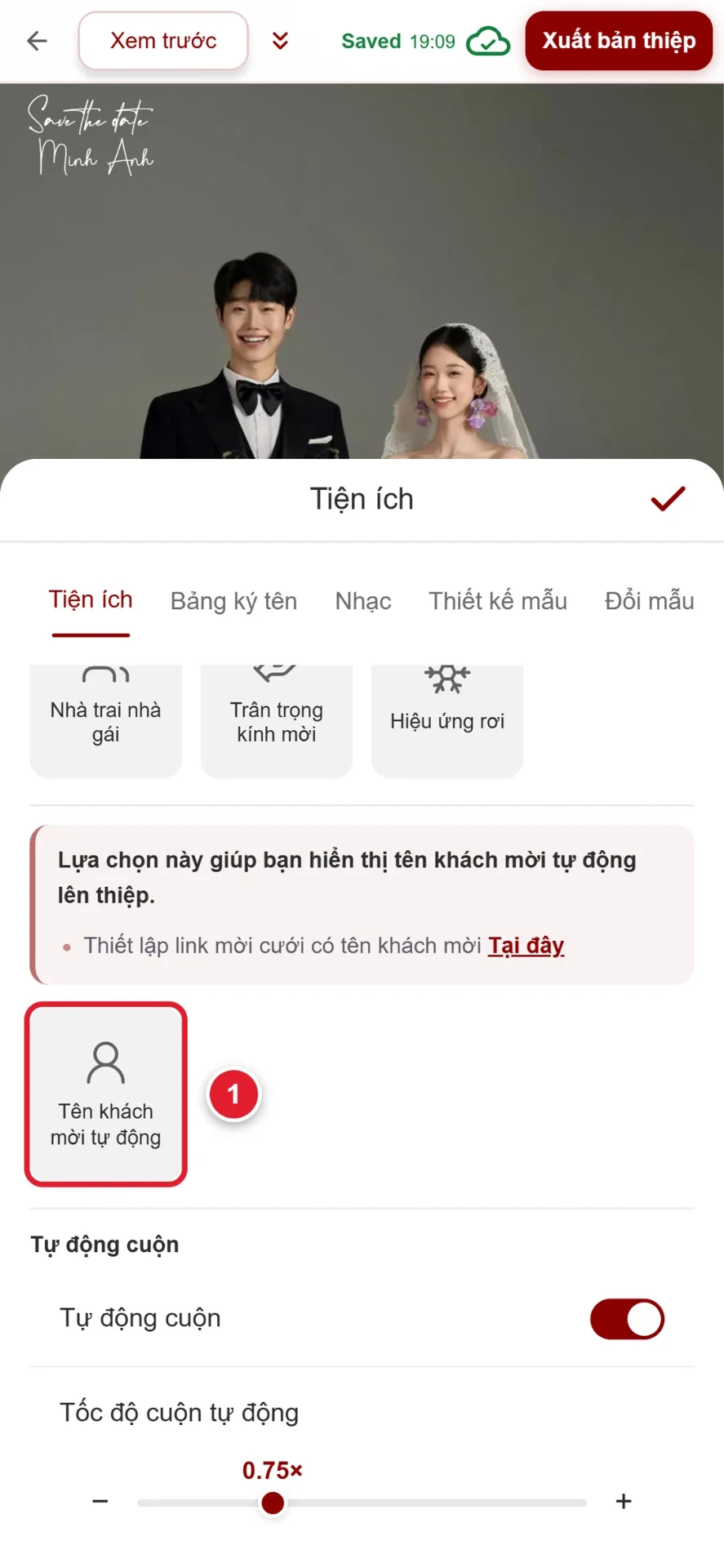 Bước 8: tiện ích Tên khách mời tự động trong thiệp cưới online