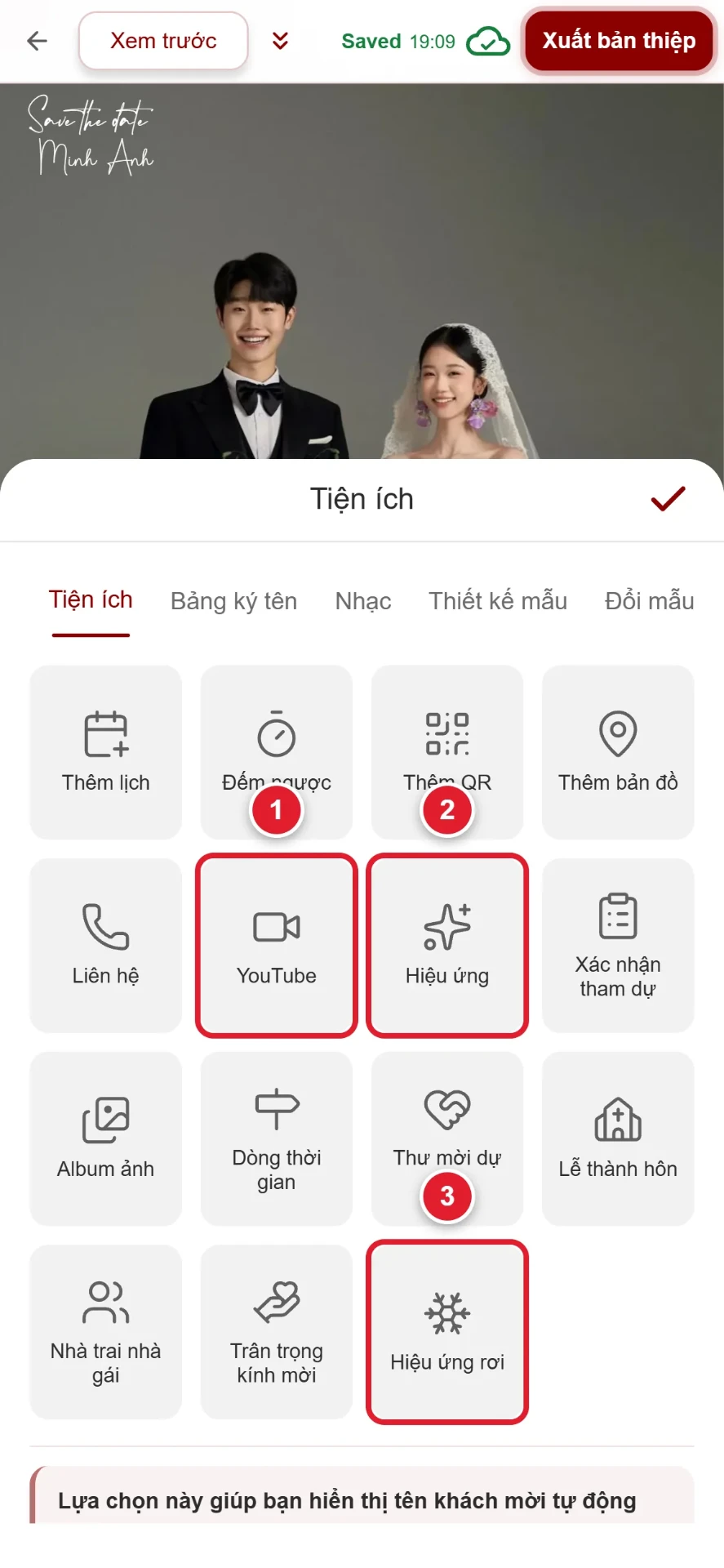 Tiện ích YouTube, Hiệu ứng và Hiệu ứng rơi trong trình chỉnh sửa thiệp cưới online
