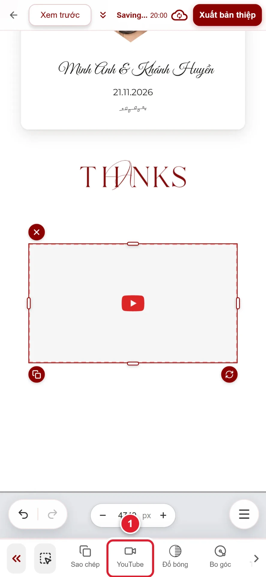 Bước 1: khung video YouTube vừa thêm vào thiệp cưới online