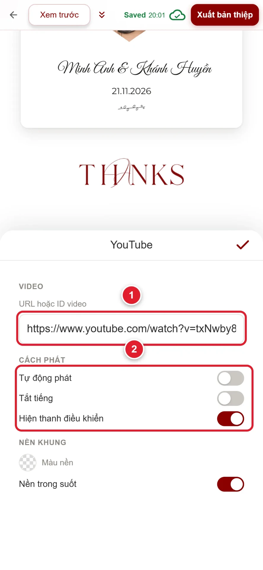 Bước 2: dán link YouTube và chọn cách phát video trên thiệp cưới online
