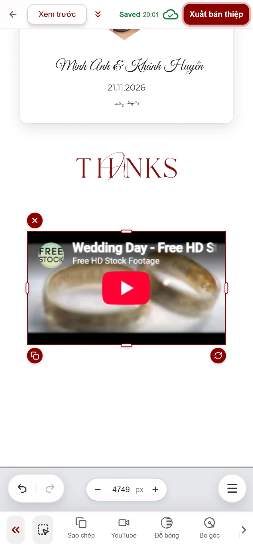 Bước 3: video YouTube đã hiện trong trình chỉnh sửa thiệp cưới online