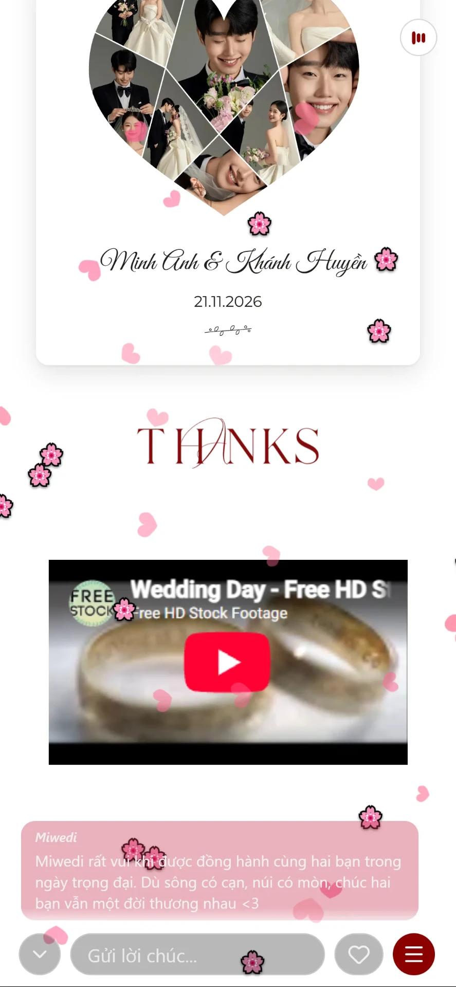 Bước 4: khách mời thấy video YouTube trên thiệp cưới online