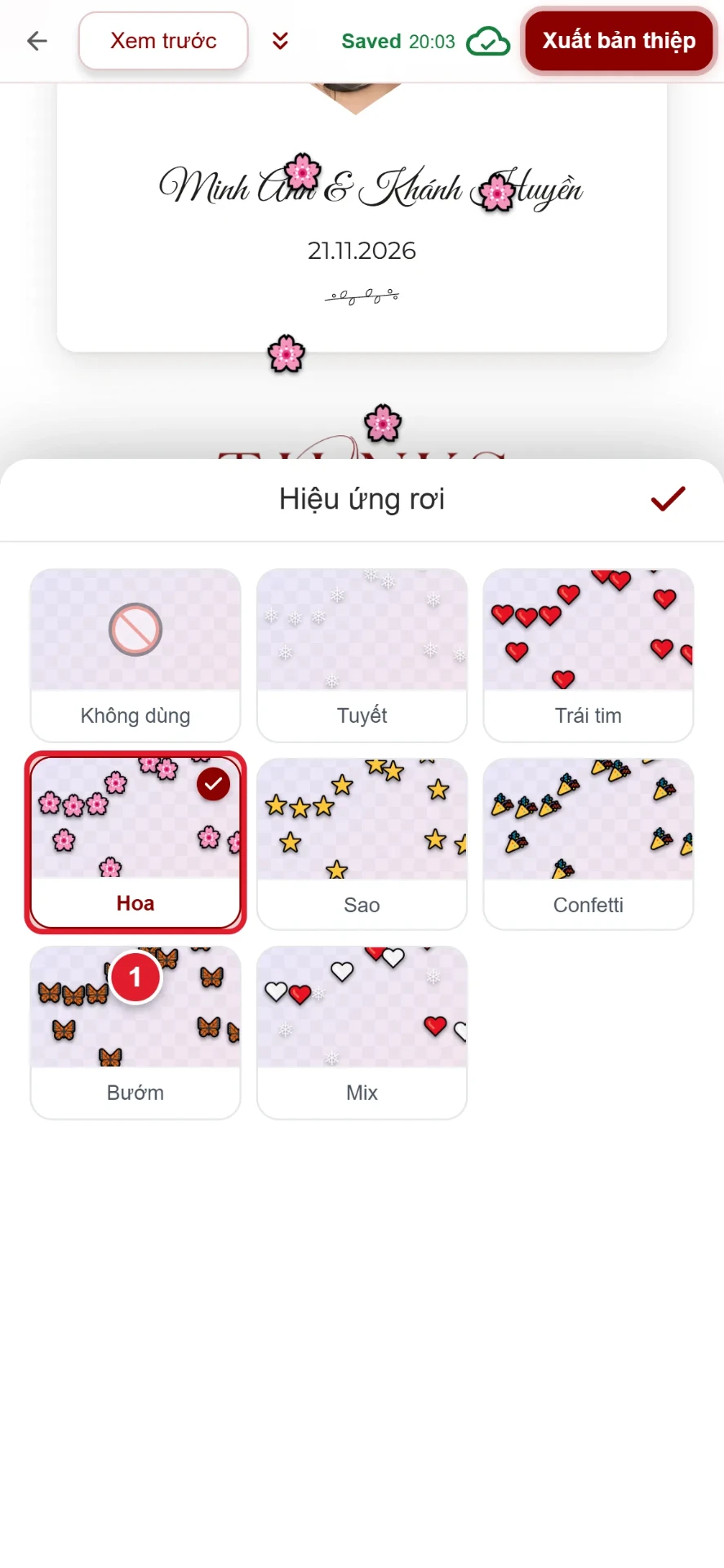 Bước 5: chọn hiệu ứng hoa rơi cho thiệp cưới online