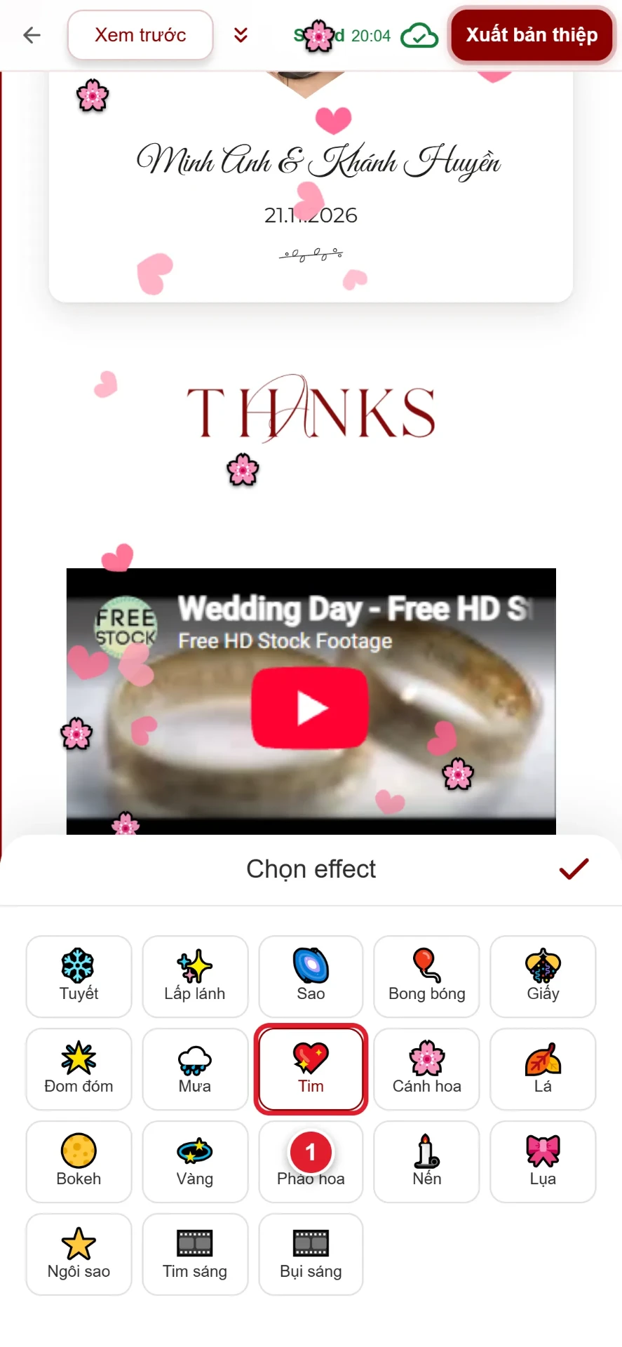 Bước 8: chọn hiệu ứng tim bay trong thiệp cưới online